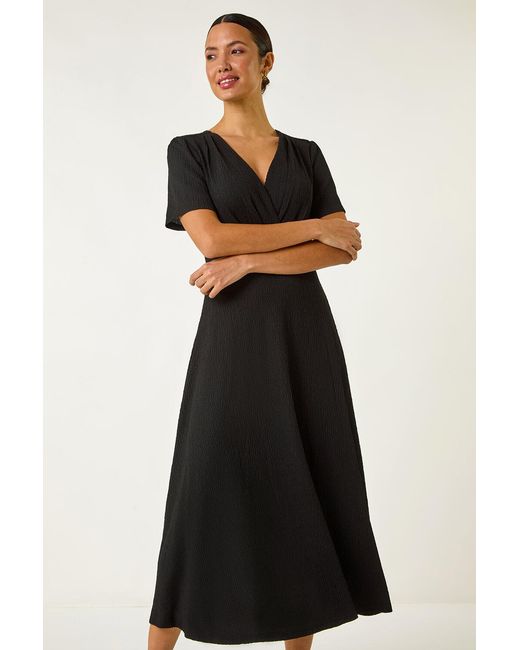Roman Black Textured Wrap Bodice Midi Dress