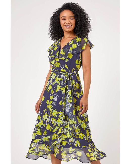 Roman Petite Blue Floral Chiffon Frill Wrap Dress