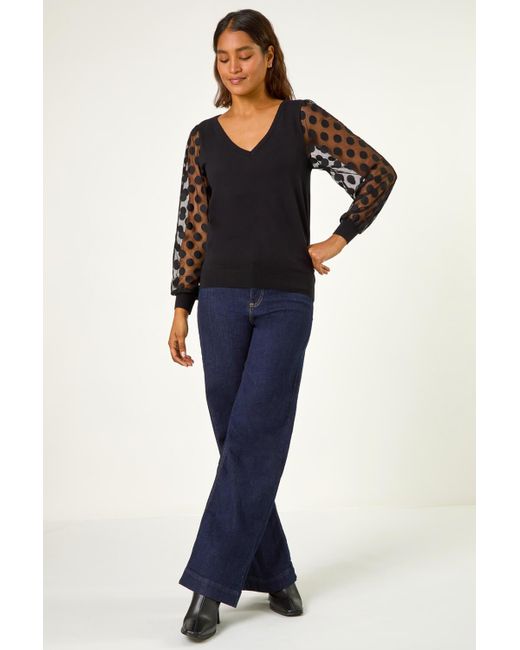 Roman Blue Polka Dot V-Neck Sleeve Knit Jumper