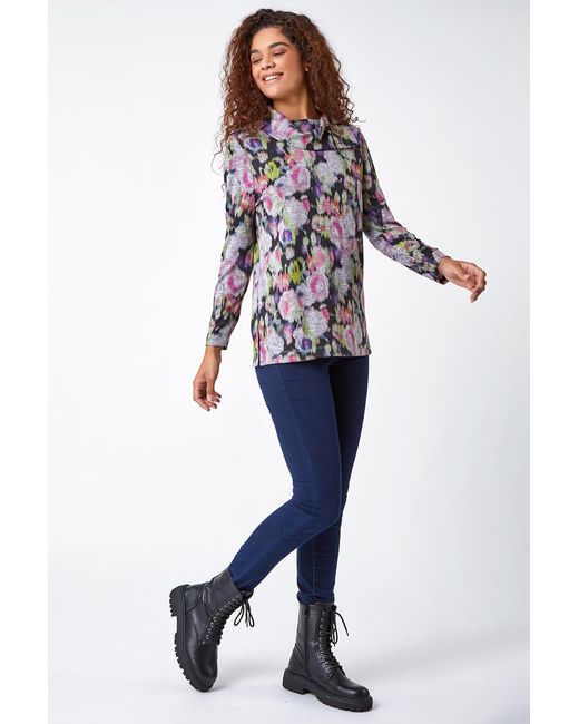 Roman Gray Floral Print Fold Neck Stretch Top