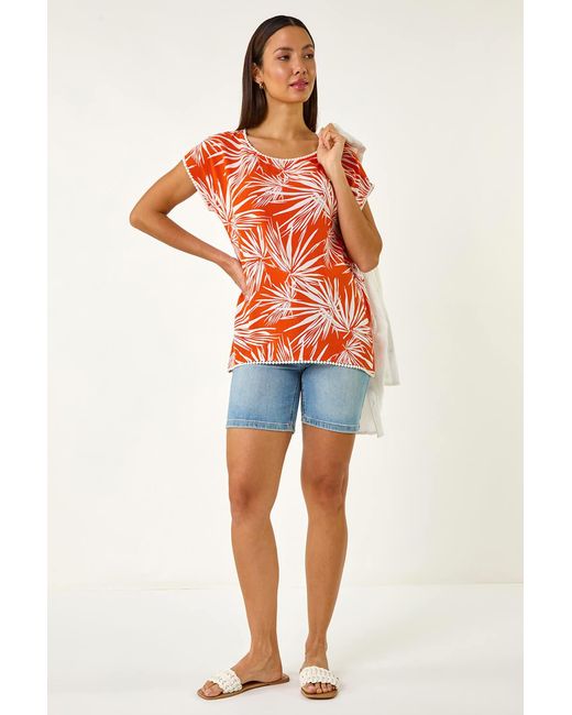 Roman Orange Leaf Print Bobble Trim Top