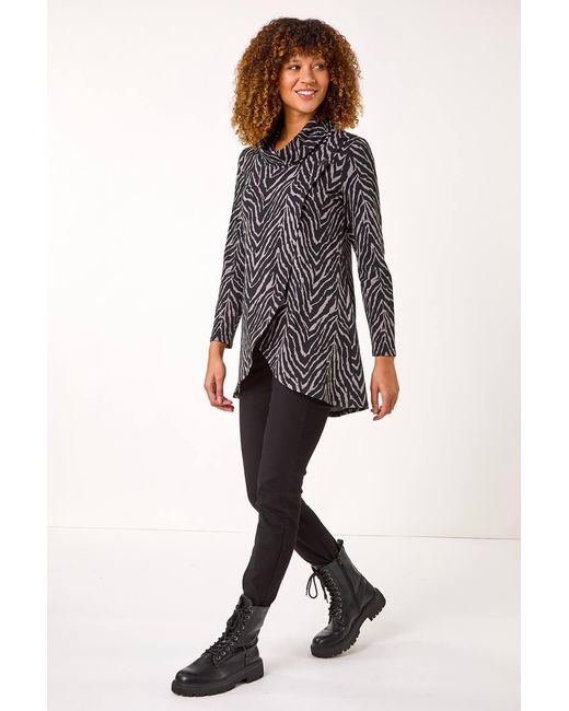 Roman Gray Animal Print Cowl Neck Tunic Top