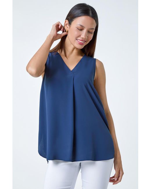 Roman Blue V-Neck Sleeveless Pleat Chiffon Vest Top