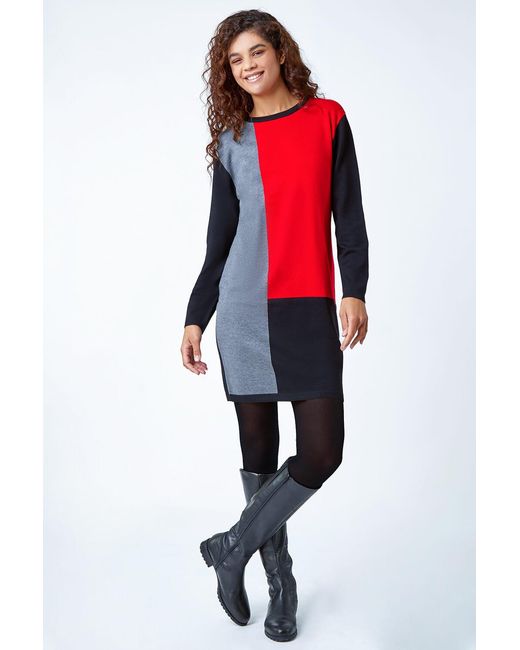 Roman Red Colour Block Knitted Jumper Dress