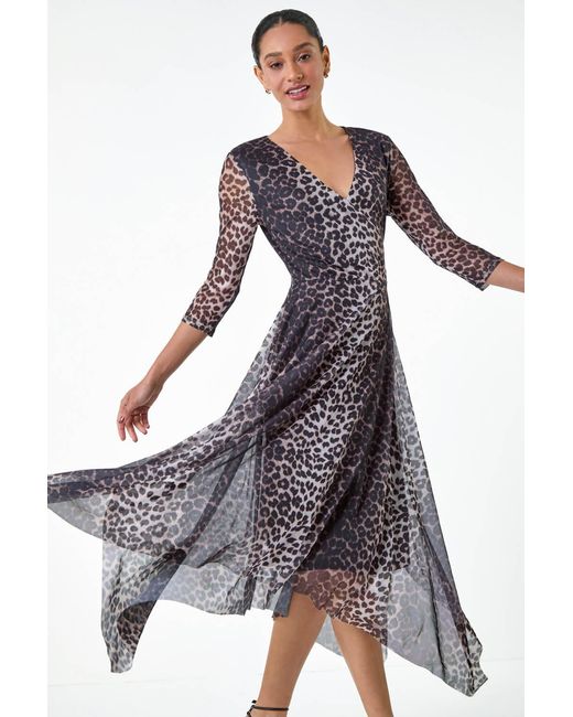 D.u.s.k Purple Animal Stretch Mesh Hanky Hem Wrap Dress