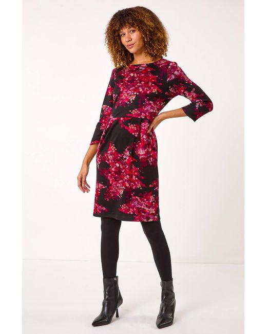 Roman Red Floral Pleated Shift Dress