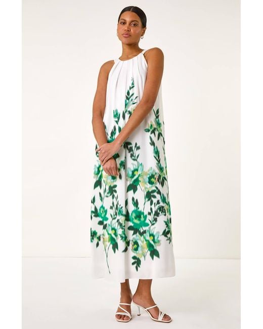 Roman Green Floral Print Halter Neck Midi Dress