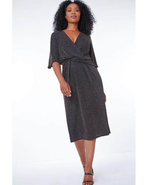 Roman Petite Black Sparkle Stretch Wrap Mini Dress