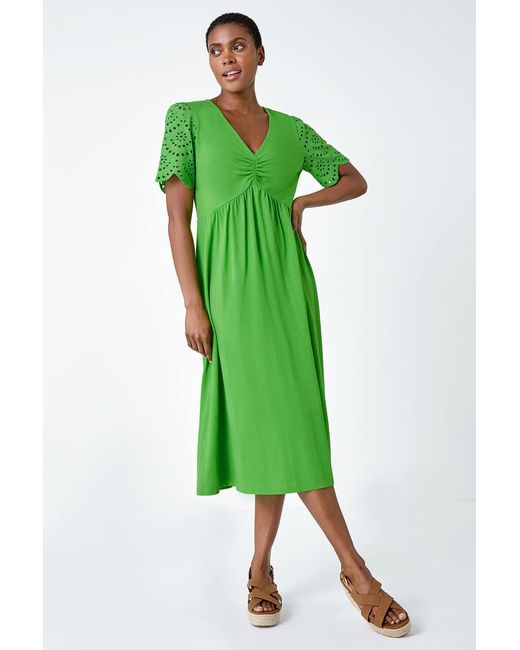 Roman Green Cotton Broderie Sleeve Midi Dress