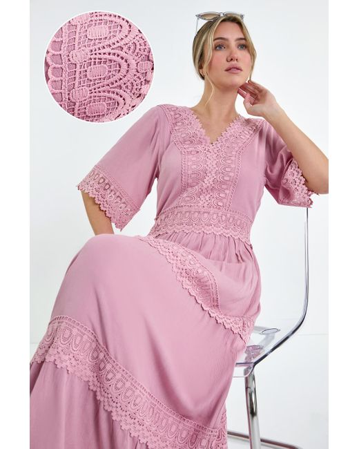 Roman Pink Dusk Fashion Tiered Lace Detail Maxi Dress