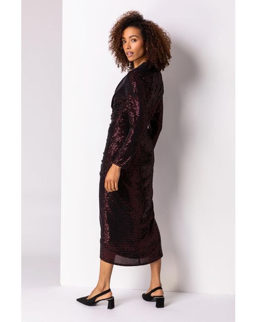 Roman Red Sequin Embellished Ruched Wrap Dress
