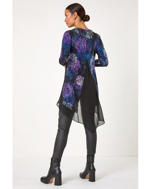 Roman Blue Foliage Puff Print Chiffon Hem Top