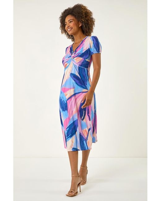 Roman Blue Abstract Print Twist Front Midi Dress