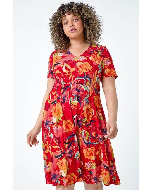 Roman Curve Red Floral Print Stretch Jersey Dress