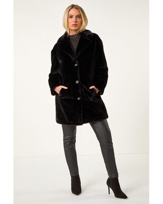Roman Petite Black Longline Pocket Fur Coat
