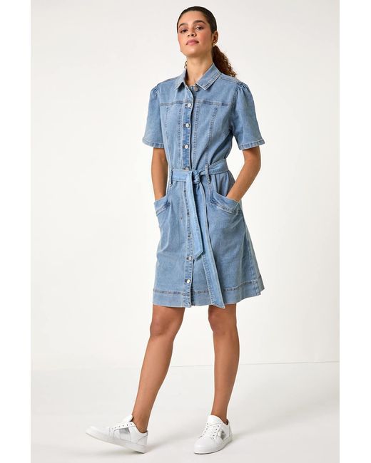 Roman Blue Tie Waist Pocket Shirt Dress