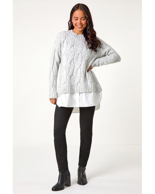 Roman Petite White Cable Knit Mock Shirt Jumper