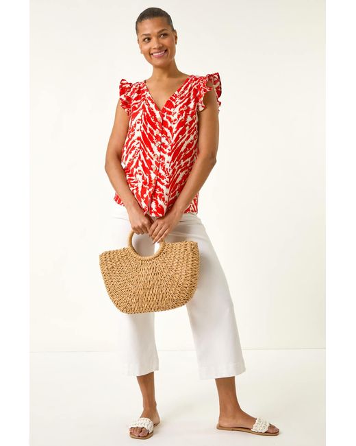 Roman Red Printed Frill Sleeve Button Blouse