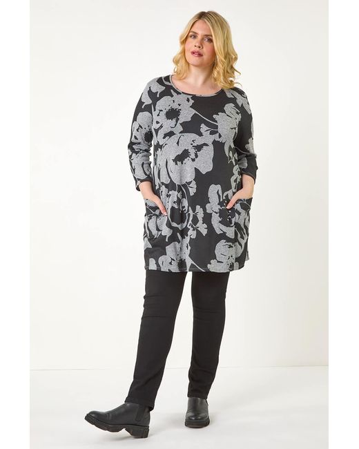 Roman Curve Gray Floral Print Pocket Tunic Top