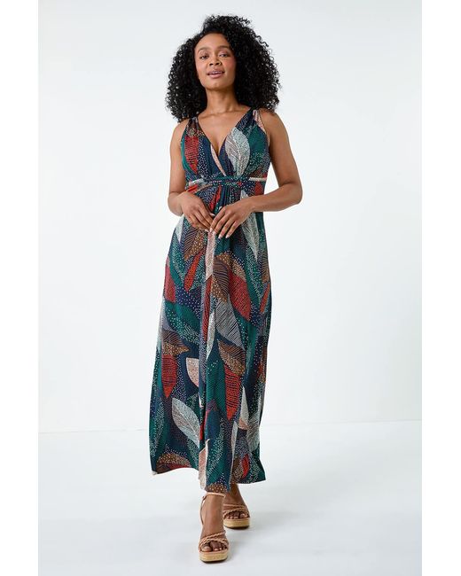Roman Petite Blue Leaf Print Stretch Maxi Dress