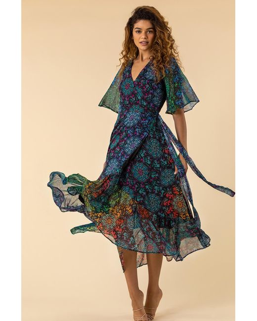 Roman Blue Abstract Print Maxi Wrap Dress