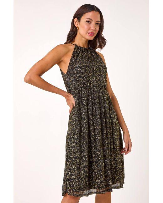 Roman Metallic Blouson Halter Neck Stretch Midi Dress