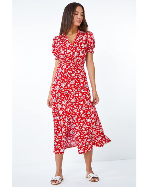 Roman Red Ditsy Floral Print Fit & Flare Dress