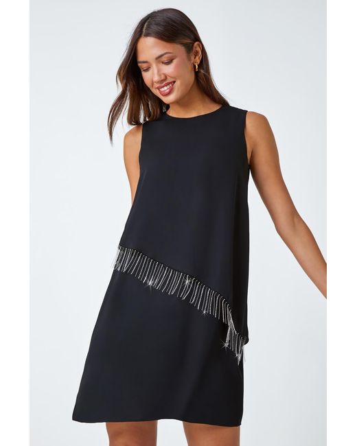 Roman Blue Diamante Trim Asymmetric Overlay Dress