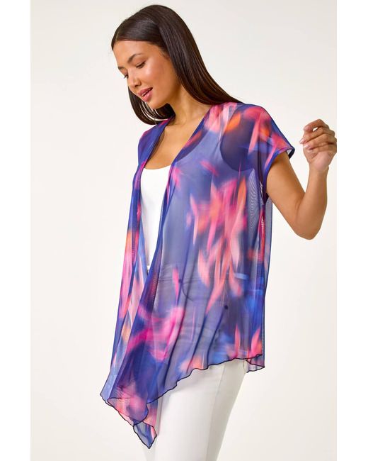 Roman Blue Abstract Print Stretch Mesh Cardigan