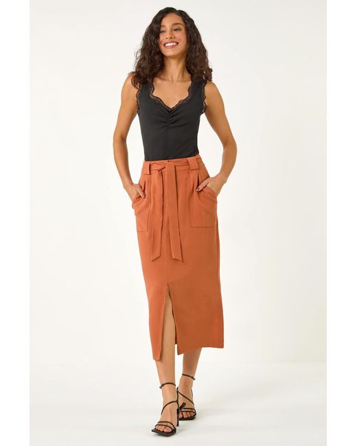 D.u.s.k Brown Belted A-Line Midi Skirt