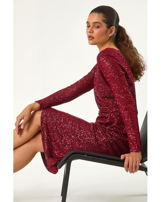 Roman Red Sequin Front Wrap Midi Stretch Dress
