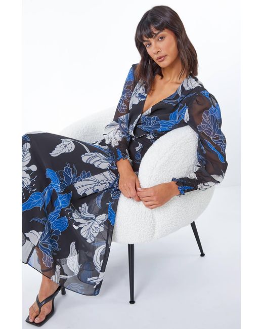 Roman Blue Floral Print Chiffon Wrap Midi Dress