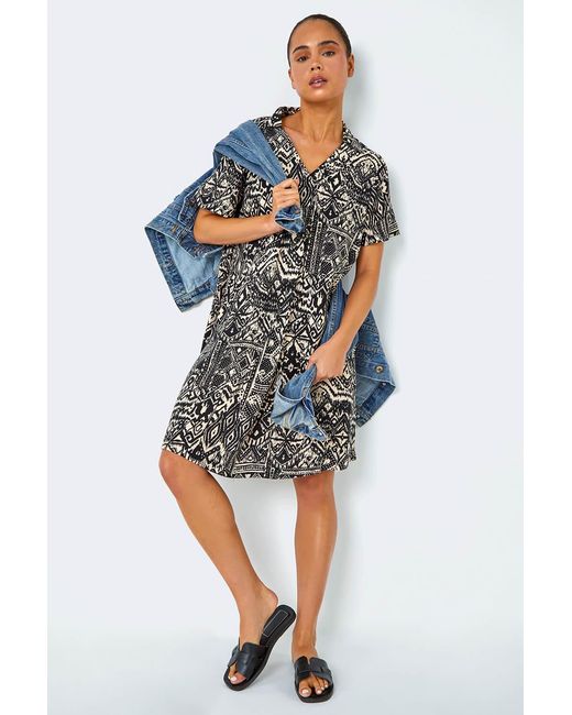 Roman Petite Black Aztec Pocket Tunic Dress