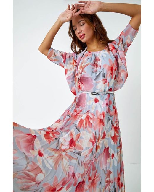 Roman White Floral Pleated Halterneck Maxi Dress