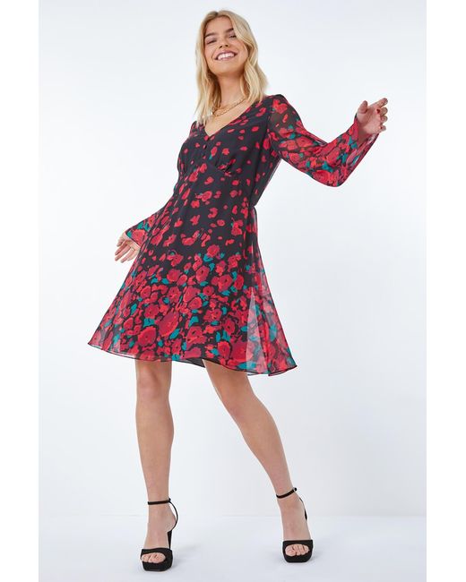 D.u.s.k Red Rose Border Print Chiffon Dress