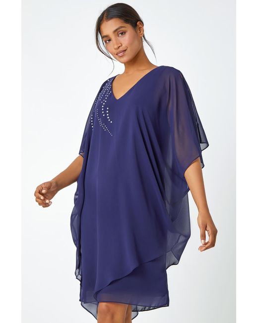 Roman Blue Embellished Cold Shoulder Overlay Dress