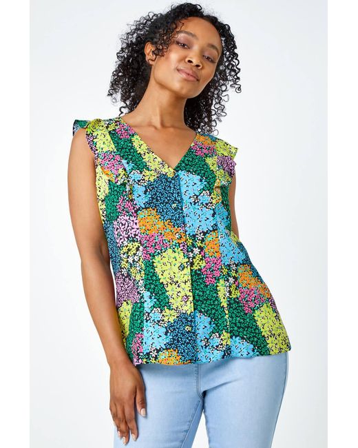 Roman Petite Blue Floral Frill Detail Button Top