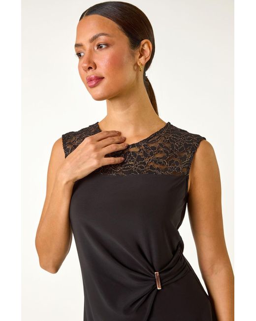 Roman Black Lace Yoke Gathered Waist Top