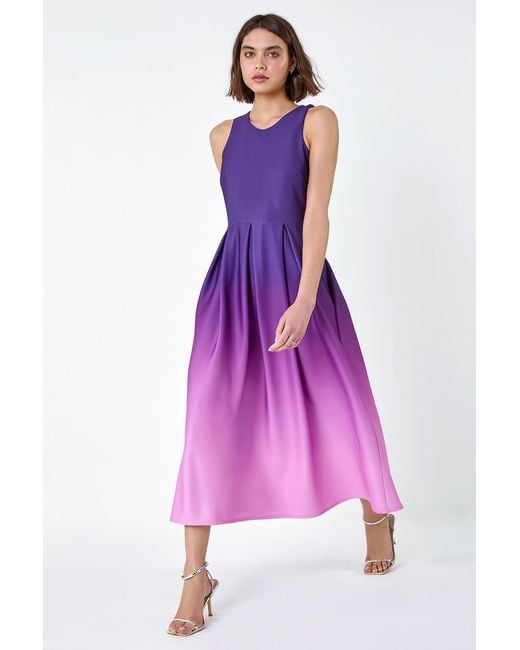 Roman Purple Ombre Pleated Luxe Stretch Midi Dress
