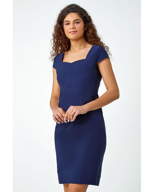 Roman Blue Sweetheart Neck Fitted Stretch Dress