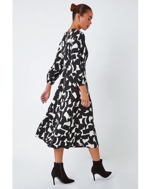 Roman Petite White Geometric Print Midi Stretch Dress