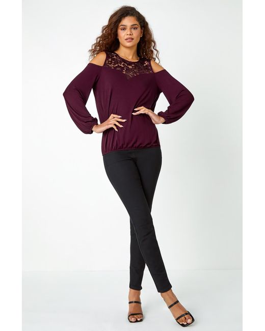 Roman Red Lace Detail Cold Shoulder Stretch Top