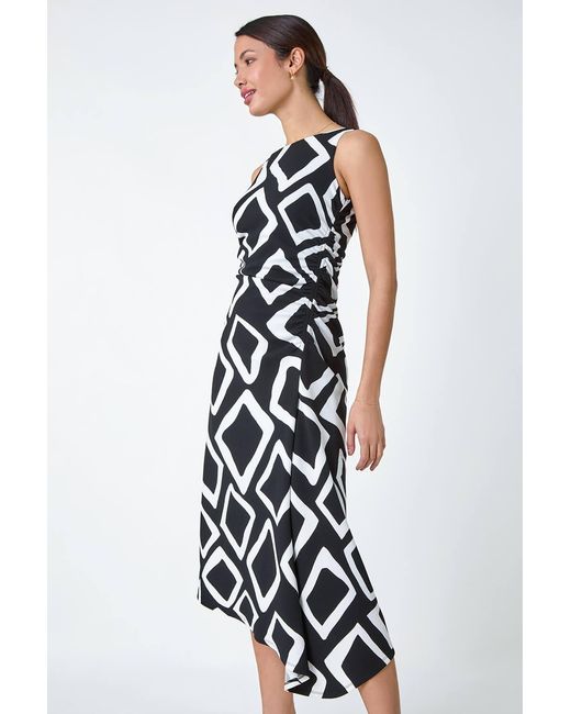 Roman White Geometric Asymmetric Midi Bodycon Dress