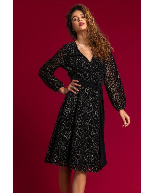Roman Black Leopard Print Shimmer Lace Wrap Skater Dress