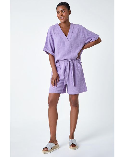 Roman Purple Textured Tie Waist Cotton Shorts