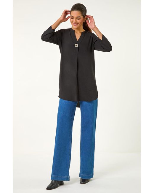 Roman Blue Longline Button-Neck Tunic Top
