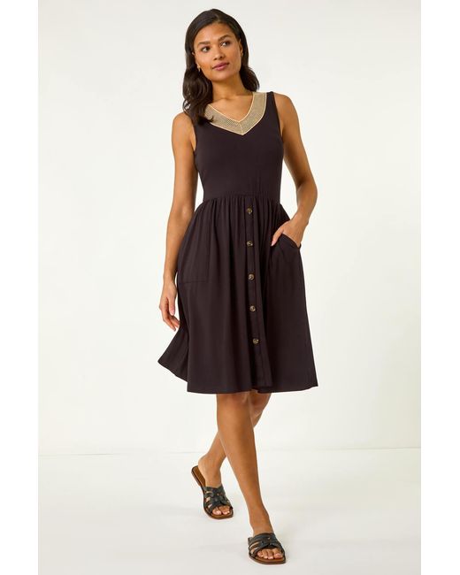 Roman Black Contrast V-Neck Stretch Dress