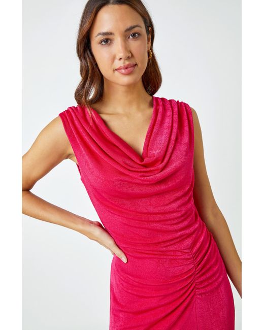 Roman Red Cowl Neck Ruched Midi Dress