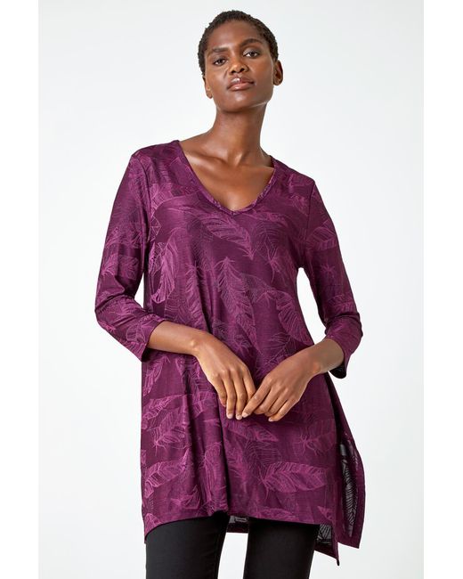Roman Textured Leaf Print V-Neck Tunic Stretch Top