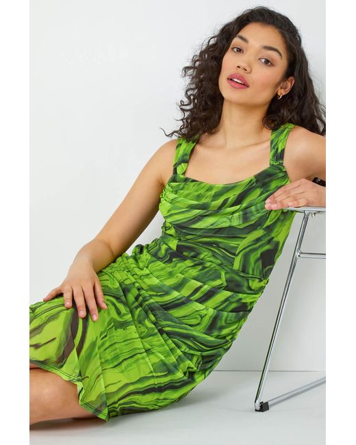 D.u.s.k Green Swirl Print Ruched Stretch Midi Dress
